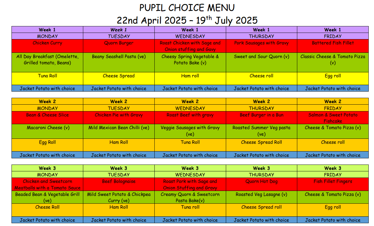 School Dinner Menu